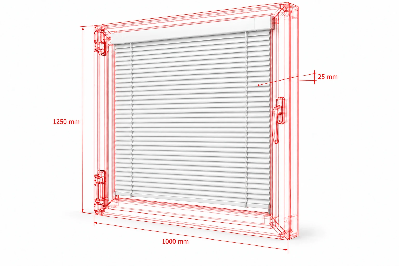 Raudonas lango brėžinys su baltomis aliumininėmis žaliuzėmis ir pavyzdiniais 1000 × 1250 mm bei 25 mm matmenimis