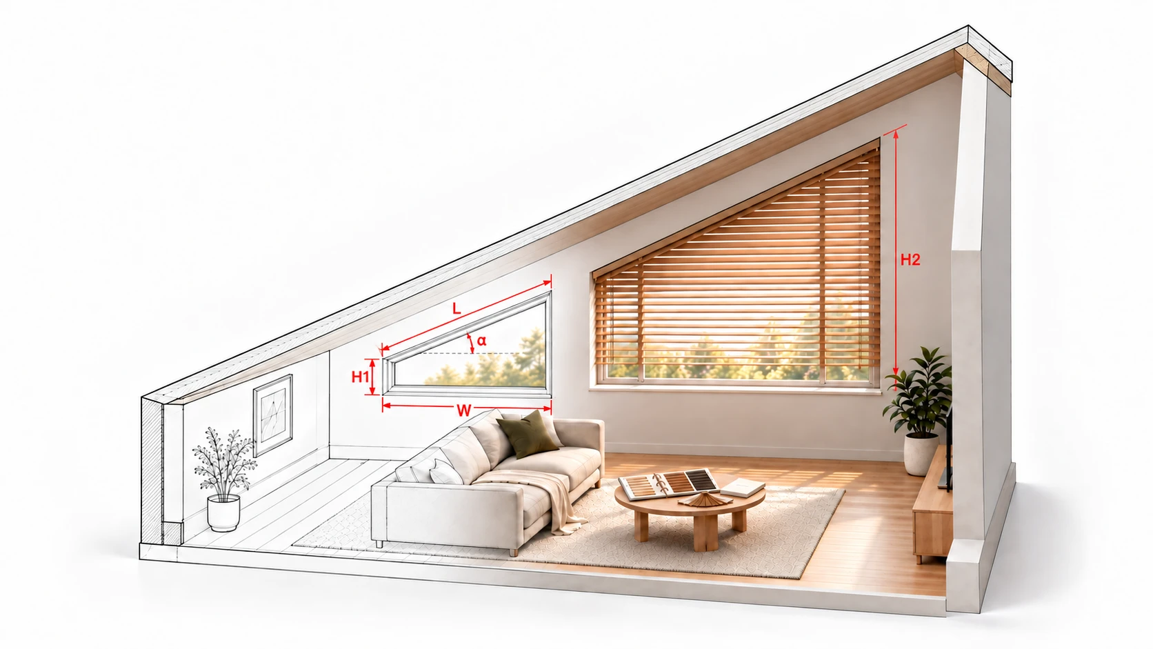 Measuring trapezoid windows: the full sloping roof and wooden blinds