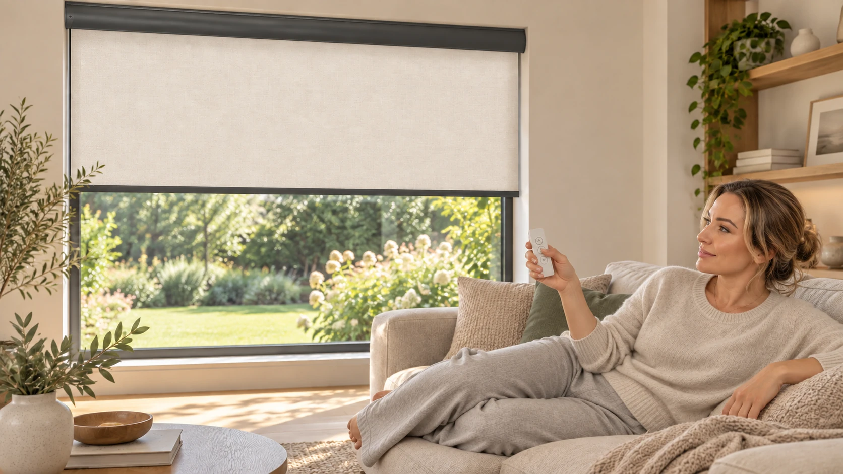 Operating roller blinds by remote control in a living room